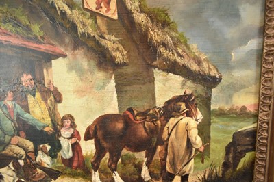 Lot 1393 - English School circa 1810 rustic figures and their horse and dog outside the Red Lion, oil on panel, in gilt frame. 40 x 49cm