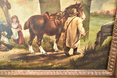 Lot 1393 - English School circa 1810 rustic figures and their horse and dog outside the Red Lion, oil on panel, in gilt frame. 40 x 49cm