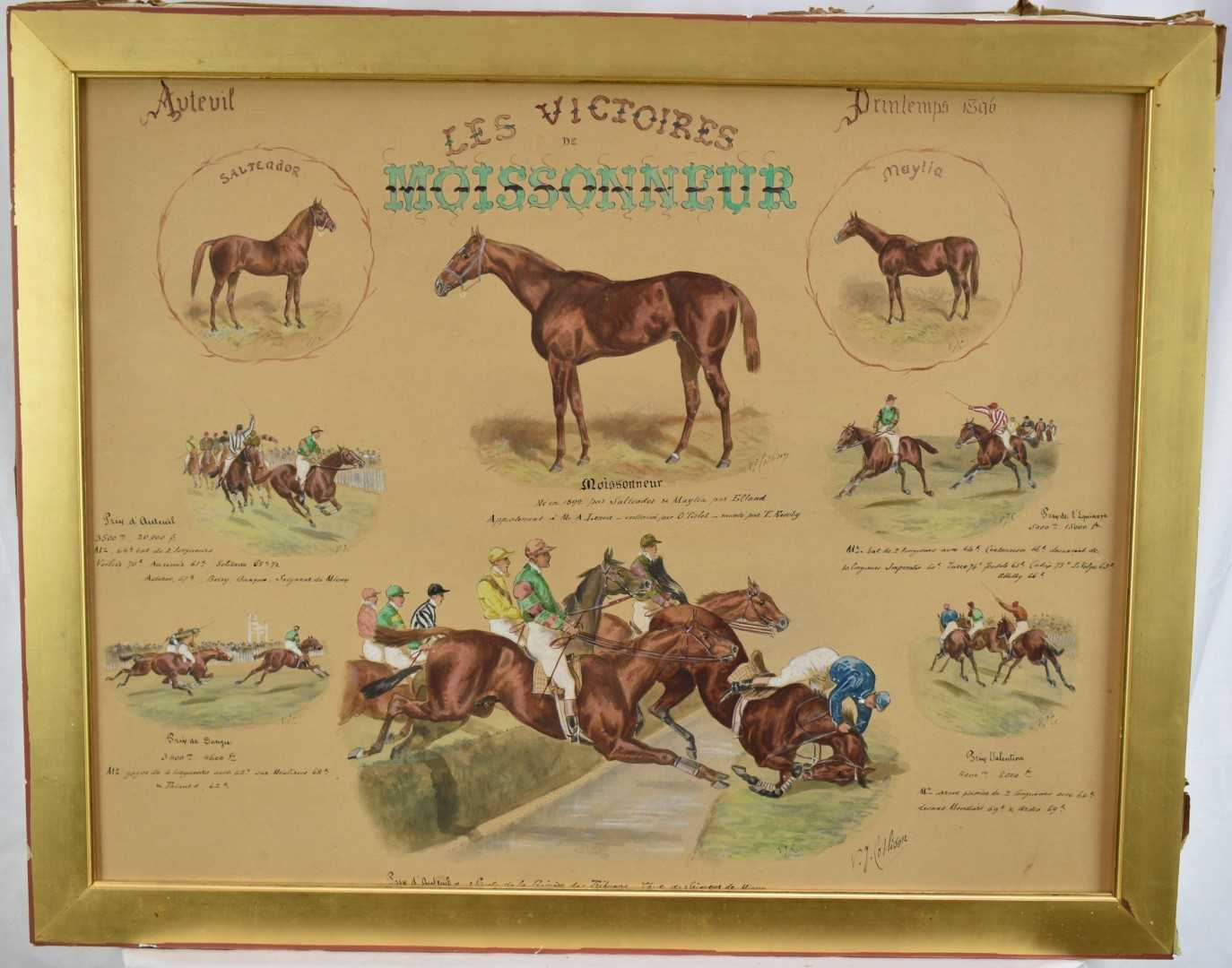 Lot 1281 - V.J. Collinson watercolour - The Victories of the Race Horse Moissonneur, signed and inscribed, 46cm x 60cm, in gilt frame