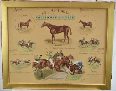 Lot 1281 - V.J. Collinson watercolour - The Victories of the Race Horse Moissonneur, signed and inscribed, 46cm x 60cm, in gilt frame