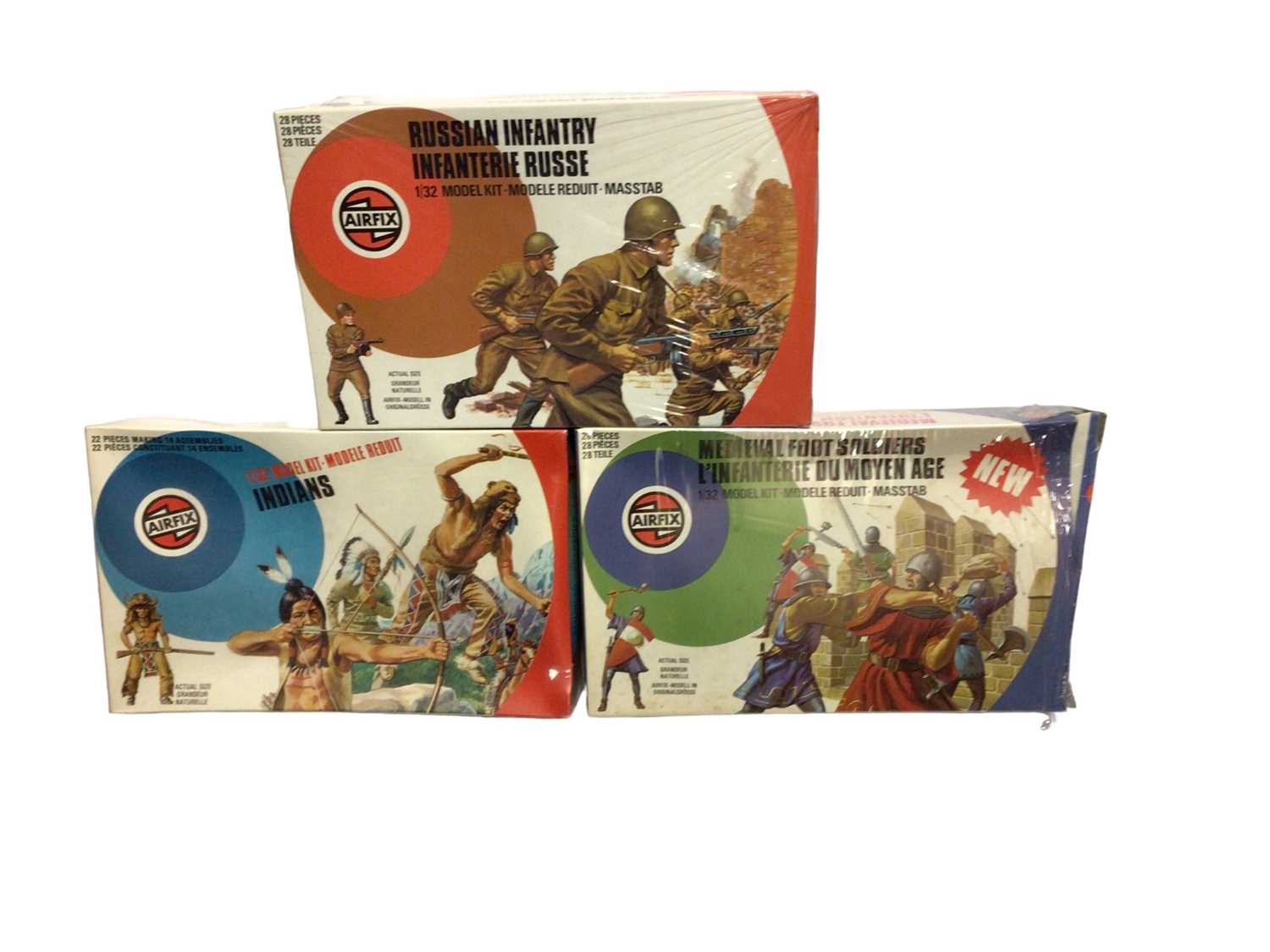 Lot 277 - Airfix 1:32 Scale mixed selection of Target Pattern Artwork Indians, Medieval & Russian Infantry, Model Figures Cowboys, Indians & 7th Cavalry, plus Waterloo Highland Infantry (x4) and WWII infantr...