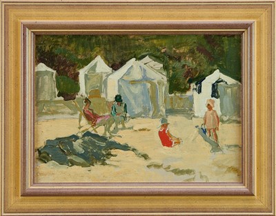 Lot 1440 - Amy Watt (1900-1956) oil on canvas board, The sunbathers, St Ives, Cornwall, circa 1929, 26 x 34cm, framed