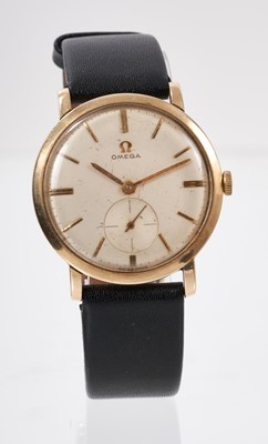 Lot 870 - 1960s Omega 9ct gold wristwatch with 17 jewel mechanical 510 calibre movement numbered 16438769, the circular cream dial with gold baton hour markers and subsidiary seconds, in a circular 9ct gold...