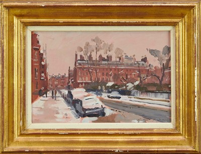 Lot 1454 - Richard Foster (b. 1945) oil on board, Snow, Cadogan Square, signed, titled to label verso, 20 x 30cm, framed