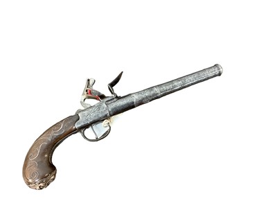 Lot 904 - Large 18th century Queen Anne-style cannon barrel flintlock carriage  pistol by Lord of Dublin