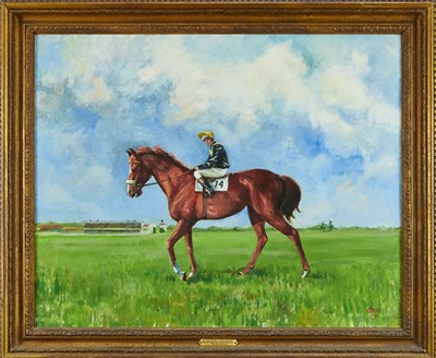 Lot 1265 - John Orr, contemporary, oil on canvas - Horse and Jockey, 'Mr Vernon Mullings "Cider with Rosie", Winner of The S.K.F Cesarewitch 1972, With M.L. (Taffy) Thomas up', signed and dated '72, 60cm x 75...