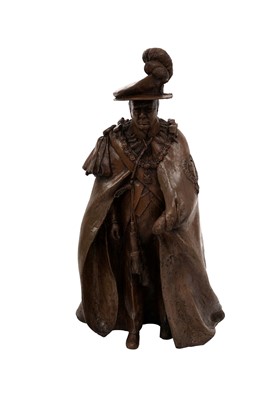 Lot 177 - Karin Churchill (1930-2018), bronze resin sculpture of Sir Winston Churchill in Garter robes signed with monogram, 38.5cm high excluding turned plinth and with fitted wooden carrying case. Provenan...