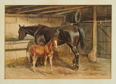 Lot 1270 - Edward Algernon S. Douglas (c.1850-c.1920) watercolour - Mare and Foal in a Stable, signed and dated 1880, 18.5cm x 26cm, in glazed gilt frame