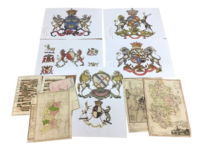 Lot 178 - Collection of 17 decorative Georgian hand tinted Coats of Arms and various tinted maps