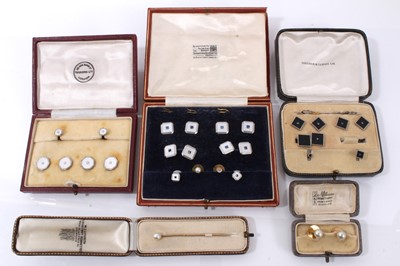 Lot 854 - A group of cufflinks and shirt studs to include a set of 9ct white gold mother of pearl and sapphire cufflinks and studs in Goldsmiths box