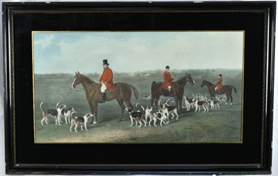 Lot 1269 - Victorian hand coloured engraving - Hunting Scene, probably the Grafton Hounds with Euston beyond, 41cm x 76cm, in gilt and ebonised frame