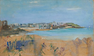 Lot 1464 - Amy Watt (1900-1956) oil on panel, Porthminster Beach, St Ives, signed and titled verso, 25 x 41cm