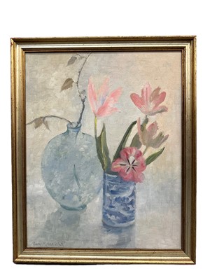 Lot 1456 - *Mary Millar Watt (1924-2023) oil on canvas, Still life of flowers in a Chinese vase, signed, 51 x 40cm, framed