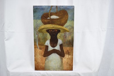 Lot 1467 - *Mary Millar Watt (1924-2023) oil on panel, figure carrying a basket, signed, 28 x 22cm