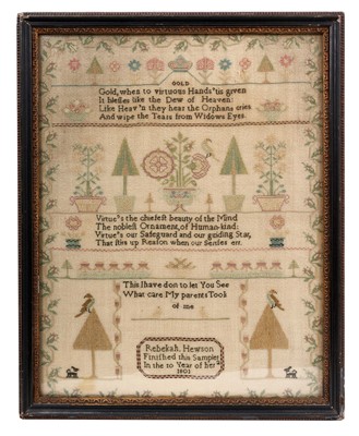 Lot 1132 - Fine George III sampler, by Rebekah Hewson, aged 10, 1801, with religious and didactic verses and scattered foliate devices, 37 x 29cm, glazed frame