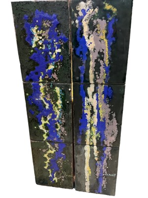 Lot 1477 - Rita Moiret (1912-1994) enamel compositions, abstract, a separate pair, signed, 107cm x 25.5cm each.