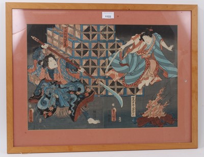 Lot 1133 - Utagawa Kunisada (1786-1865), wood block print, Fighting Samurai, 33 x 48cm, glazed frame