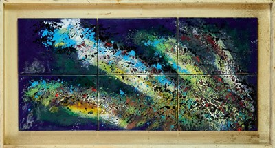 Lot 1479 - Rita Moiret (1912-1994) enamel composition, abstract, comprised of six tiles, signed, 51cm x 107cm