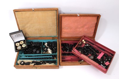 Lot 858 - Collection of Victorian jet jewellery and similar jewellery in two antique leather jewellery boxes