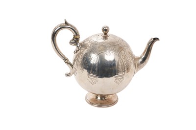 Lot 573 - Victorian silver bullet-shaped teapot with engraved decoration, scroll handle raised on circular foot ( Glasgow 1868) 14ozs all at