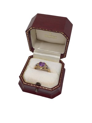 Lot 6 - 14ct gold amethyst heart shaped ring with diamond set shoulders