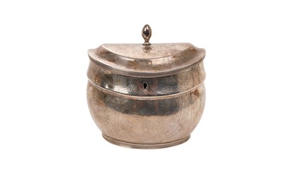 Lot 577 - 19th century Dutch silver tea caddy of stepped oval form with engraved swags and figures in landscape decoration, hinged cover with faceted knop, approx 13cm high, 8ozs