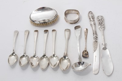 Lot 559 - Selection of miscellaneous silver, including napkin ring, butter knife, small hair brush, spoons etc. (various dates and makers) Approximately 9ozs weighable silver. (Qty)