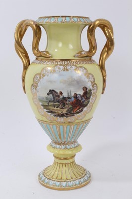 Lot 328 - A Meissen yellow ground vase, late 19th/early 20th century, polychrome decorated with a battle scene on one side and another narrative scene verso, with gilt and blue decoration, gilt snake handles...