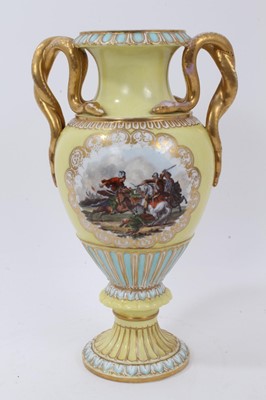 Lot 328 - A Meissen yellow ground vase, late 19th/early 20th century, polychrome decorated with a battle scene on one side and another narrative scene verso, with gilt and blue decoration, gilt snake handles...