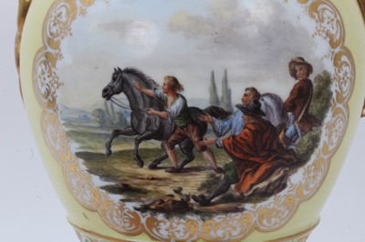 Lot 328 - A Meissen yellow ground vase, late 19th/early 20th century, polychrome decorated with a battle scene on one side and another narrative scene verso, with gilt and blue decoration, gilt snake handles...