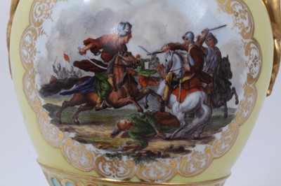 Lot 328 - A Meissen yellow ground vase, late 19th/early 20th century, polychrome decorated with a battle scene on one side and another narrative scene verso, with gilt and blue decoration, gilt snake handles...