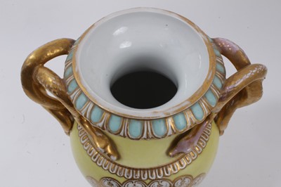 Lot 328 - A Meissen yellow ground vase, late 19th/early 20th century, polychrome decorated with a battle scene on one side and another narrative scene verso, with gilt and blue decoration, gilt snake handles...