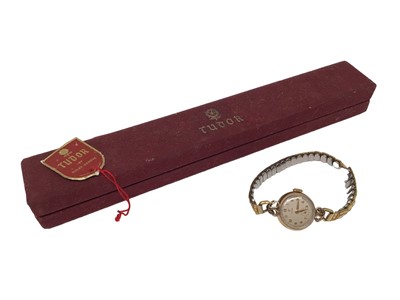 Lot 13 - Tudor 9ct gold cased ladies vintage wristwatch on expandable plated bracelet, in a Tudor watch case