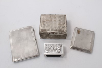 Lot 561 - George V silver cigarette case with engine turned decoration, (Birmingham 1929), maker Henry Manton, together with another silver cigarette case, (Birmingham 1927), a Chinese silver match book hold...