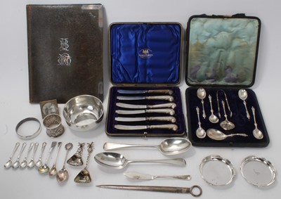 Lot 563 - Edwardian silver sugar bowl (Birmingham 1905), together with a Georgian silver meat skewer, Dutch silver caddy spoons, and various other silver and white metal items (various dates and makers), app...