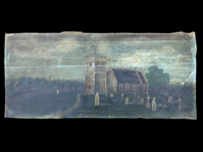 Lot 85 - 19th century naive oil on canvas of a church and graveyard, 55.5cm x 25cm