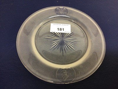 Lot 181 - Victorian etched and cut glass saucer made for the City of London dinner held in honour of H.R.H Albert Edward Prince of Wales with finely engraved P.O.W. feather crest and City of London crest to...