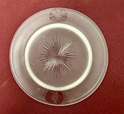 Lot 57 - Victorian etched and cut glass saucer made for the City of London dinner held in honour of H.R.H Albert Edward Prince of Wales with finely engraved P.O.W. feather crest and City of London crest to...