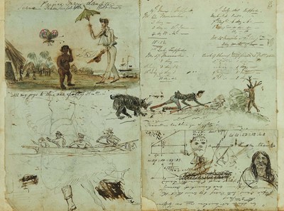 Lot 1368 - An interesting and amusing 1840s pen, ink and wash double sided collection of sketches, text and sums drawn by a crewman of HMS Pembroke