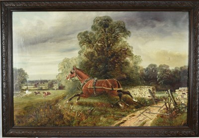 Lot 1022 - Edward Priestley, 19th century, oil on canvas - A runaway cart horse chasing the hunt, signed, 49 x 75cm, in oak frame