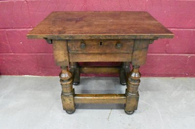 Lot 1648 - 17th century style walnut side table, with substantial solid removable top, over frieze drawer on turned and block understructure, 71cm wide x 50cm deep x 62cm high