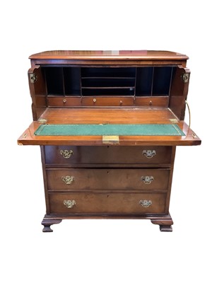 Lot 1653 - Georgian style figured walnut secretaire chest, with fitted secretaire drawer and four graduated drawers below on ogee bracket feet, 78cm wide x 48cm deep x 105cm high