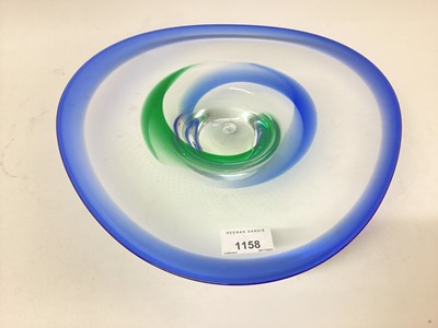 Lot 1158 - Caithness Freestyle limited edition art glass shaped dish, with blue and green swirls, signed J. Lewis