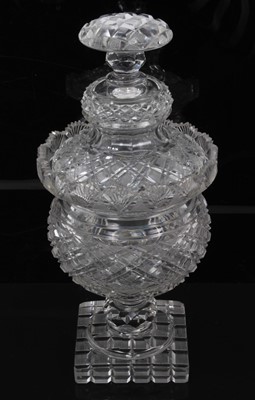 Lot 58 - Large 19th century cut glass sweetmeat urn and cover, with fan-cut rim, square base, 31cm high