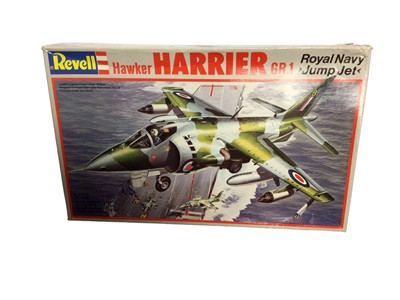 Lot 298 - Revell Military model kits including 1:32 Scale Hawker Harrier GR1 Royal Navy Jump Jet No.4729, 1:72 Scale HMS Ark Royal No.5038 & Hawker Hurricane Mk1 No.04110, 1:28 Scale Fokker DR.1 (Red Baron)...