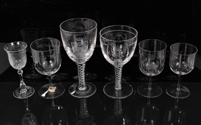 Lot 347 - A group of six good quality wine glasses, including a cut crystal example in the style of Webb, a Whitefriars glass with engraved crest, and other finely engraved glasses, including other crests (6...