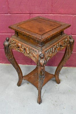 Lot 1672 - Chinese carved wooden urn stand, on pierced orchid carved frieze and cabriole legs, 73cm high