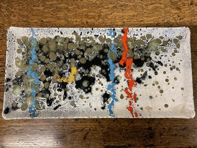 Lot 1472 - Rita Moiret (1912-1994) enamel composition, abstract, in tray form, signed underneath, 12cm x 25cm