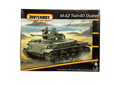 Lot 301 - Matchbox 1:32 Scale Military Tank model kits including M-42 Twin40 Duster No.40992 (x2), M-47 Patton Tank No.40990 & M-41 Walker Tank No.40991, boxed (4)