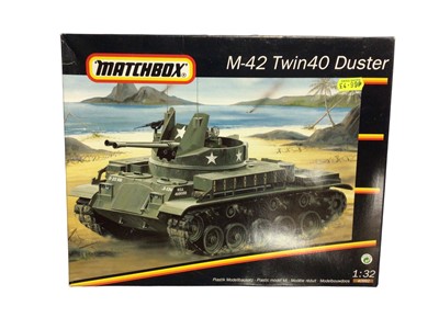 Lot 301 - Matchbox 1:32 Scale Military Tank model kits including M-42 Twin40 Duster No.40992 (x2), M-47 Patton Tank No.40990 & M-41 Walker Tank No.40991, boxed (4)